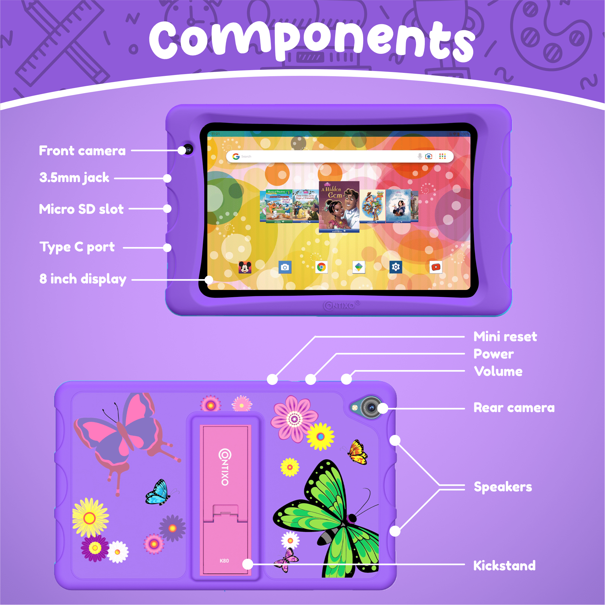 Contixo K80A Kids Tablets, Education Tablets for Kids with Kid-Proof Tablet Case, 8”, Purple