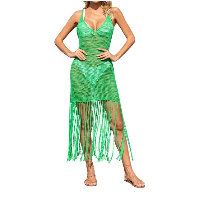 Penkiiy Robe de Plage Crochetée pour Femmes Maillot de Bain Bikini Sans Manches Tricoté Fendu Spaghetti S Vert