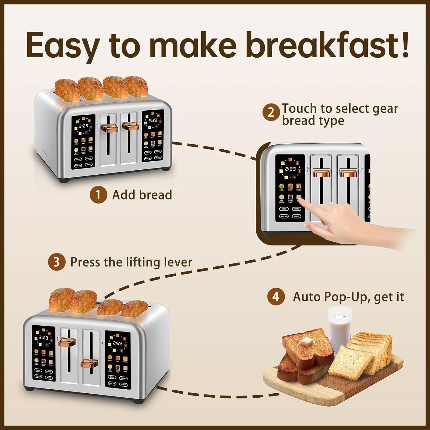 Toaster 4 Slice, Stainless , Touch Screen for Dual Control, Digital Timer, Toaster with 6 Bread Type, 7 Shade Setting, 1.5''Wide Slot, Removable Crumb Tray, 1800W, Metallic