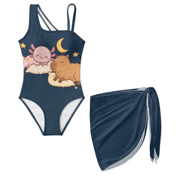 FUIALDOLG Girls One Piece Swimsuit Summer Outfit Cute Axolotl Capybara Swimwear with Beach Bathing Suit Coverups Breathable Quick Drying Bikini Cover Up Beach Wrap Skirt for Girl Pool Party