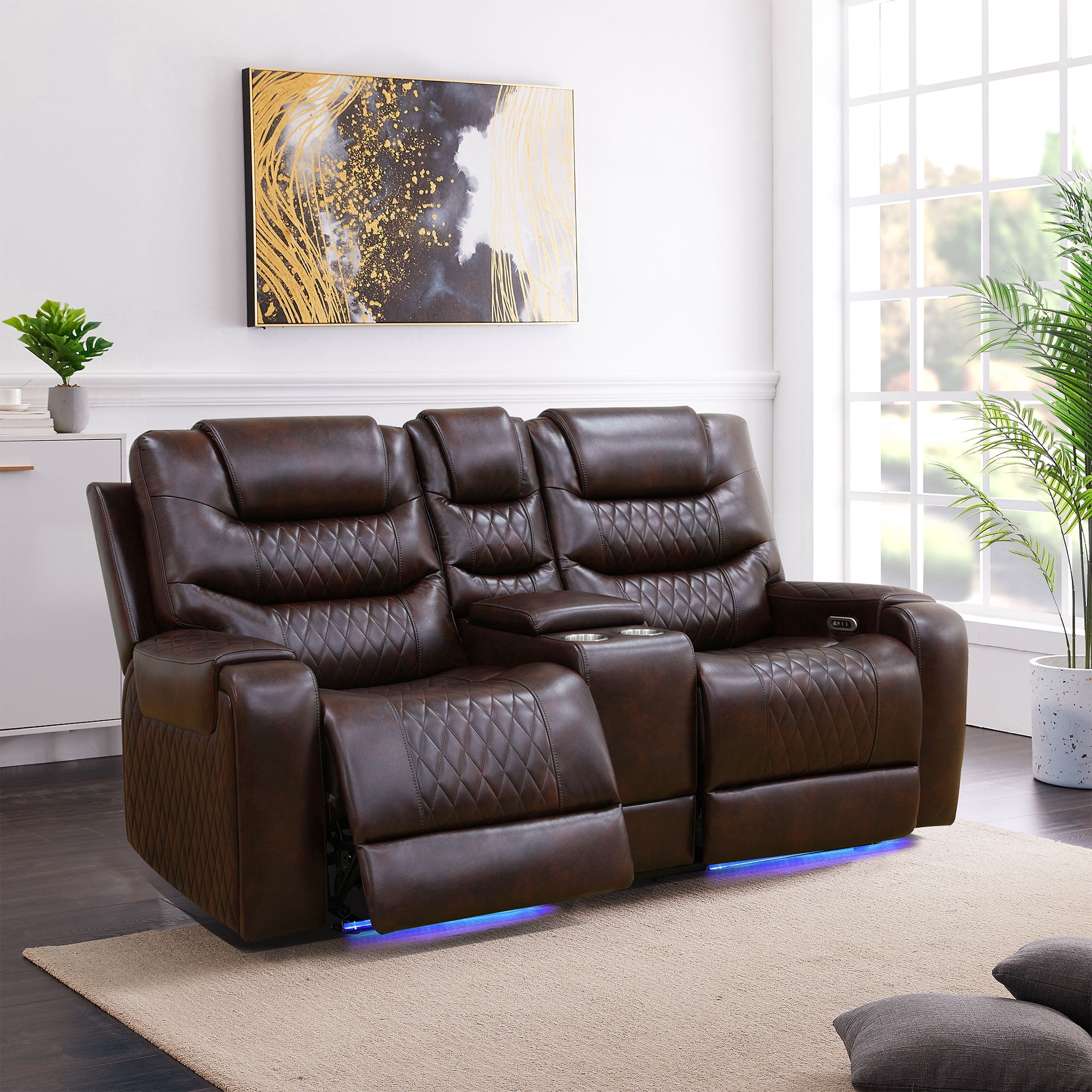 Gewnee Loveseat Power Reclining Multifunctional Sofa, Air Leather, Storage Console, Cup Holders,Dark Brown