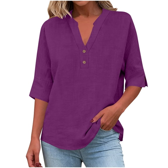 Guluxicc V Neck T Shirts for Women 3/4 Sleeve Solid Color Half Button Loose Fit Casual Comfy Linen Tee Shirts
