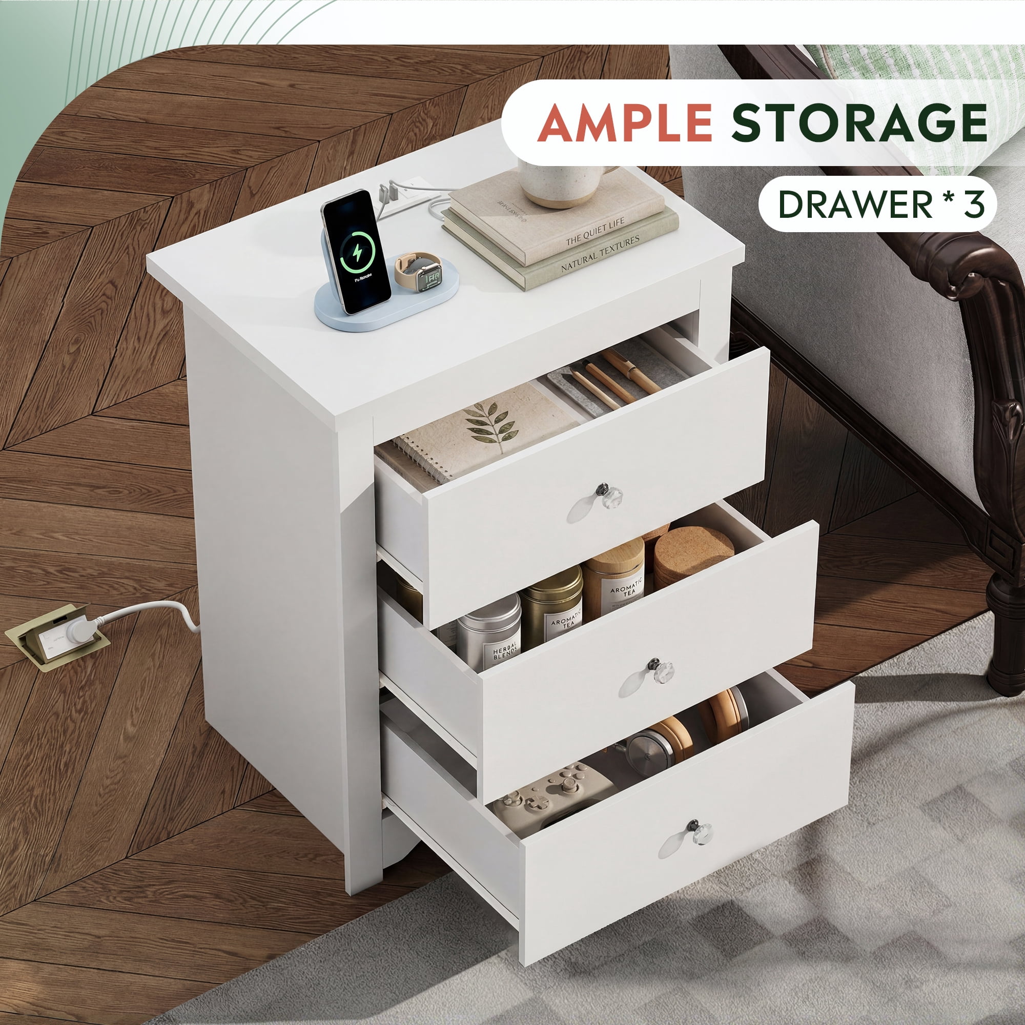 GALAXHERO Tall White Nightstand with Charging Station and 3 Drawers, Wood Bedside End Table with 2 USB Ports & 2 AC Outlets for Bedroom Living Room Dorm