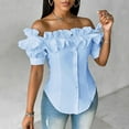 thumbnail image 5 of BYHONG Women Off Shoulder Layered Ruffles Button Down Asymmetrical Hem Top Women's Ruffle Trim Off Shoulder Short Sleeve Blouse Party Tops Shirt Blue XL, 5 of 9