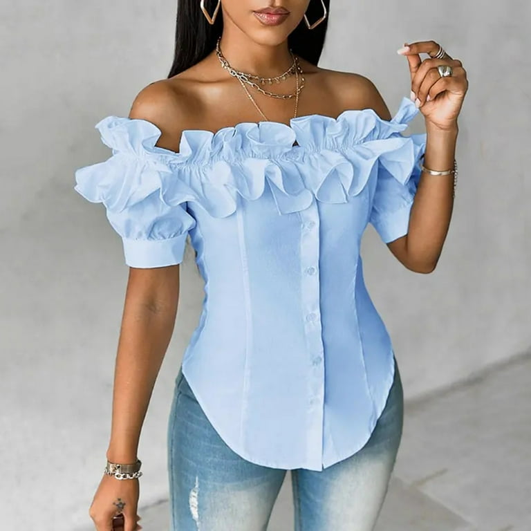 BYHONG Women Off Shoulder Layered Ruffles Button Down Asymmetrical