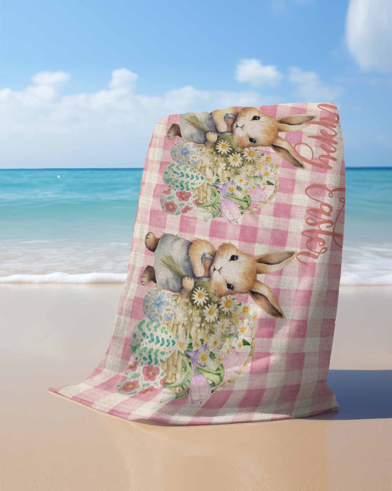 Easter Day, Beach Towels Oversized Super Absorbent, Easter Bunny Easter Eggs Daisy Plaid Pink Lightweight Bath Towel Quick Dry Sets For Bathroom/Pool/Rv Camping/Beach Play/Gym Room/Picnic 30"x60"