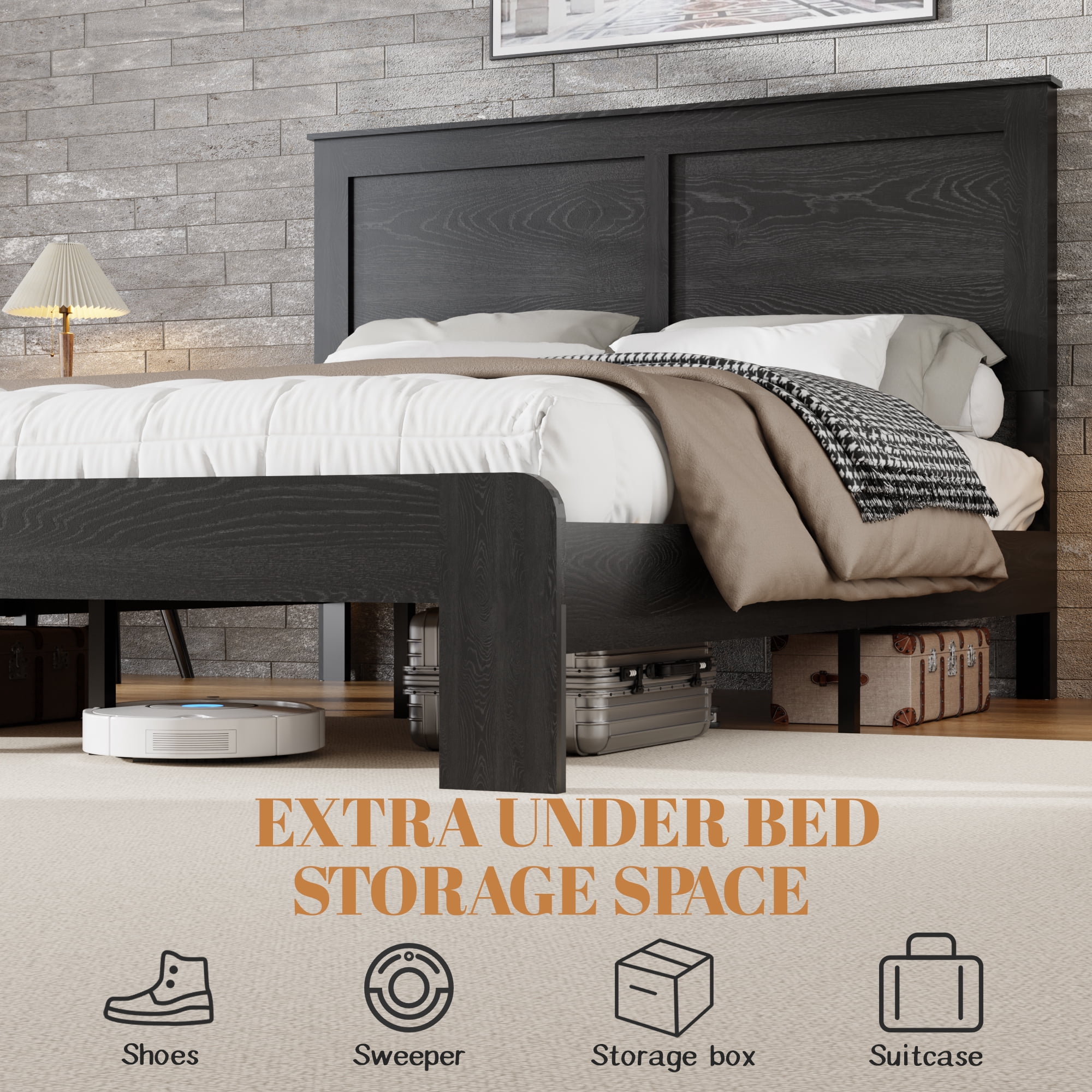 BSHTI Full Size Wood Platform Bed Frame with Headboard, Solid and Stable Metal & Wood Construction for Bedroom, Easy Assembly, Noise Free, No Box Spring Needed, Antique Black