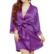 PiccoCasa Women Silk Satin Robes Kimono Lace-Trim Dressing Gown Purple