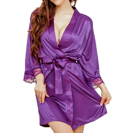 Women Silk Satin Lingerie Robe Sleepwear Kimono Gown Bathrobes Purple