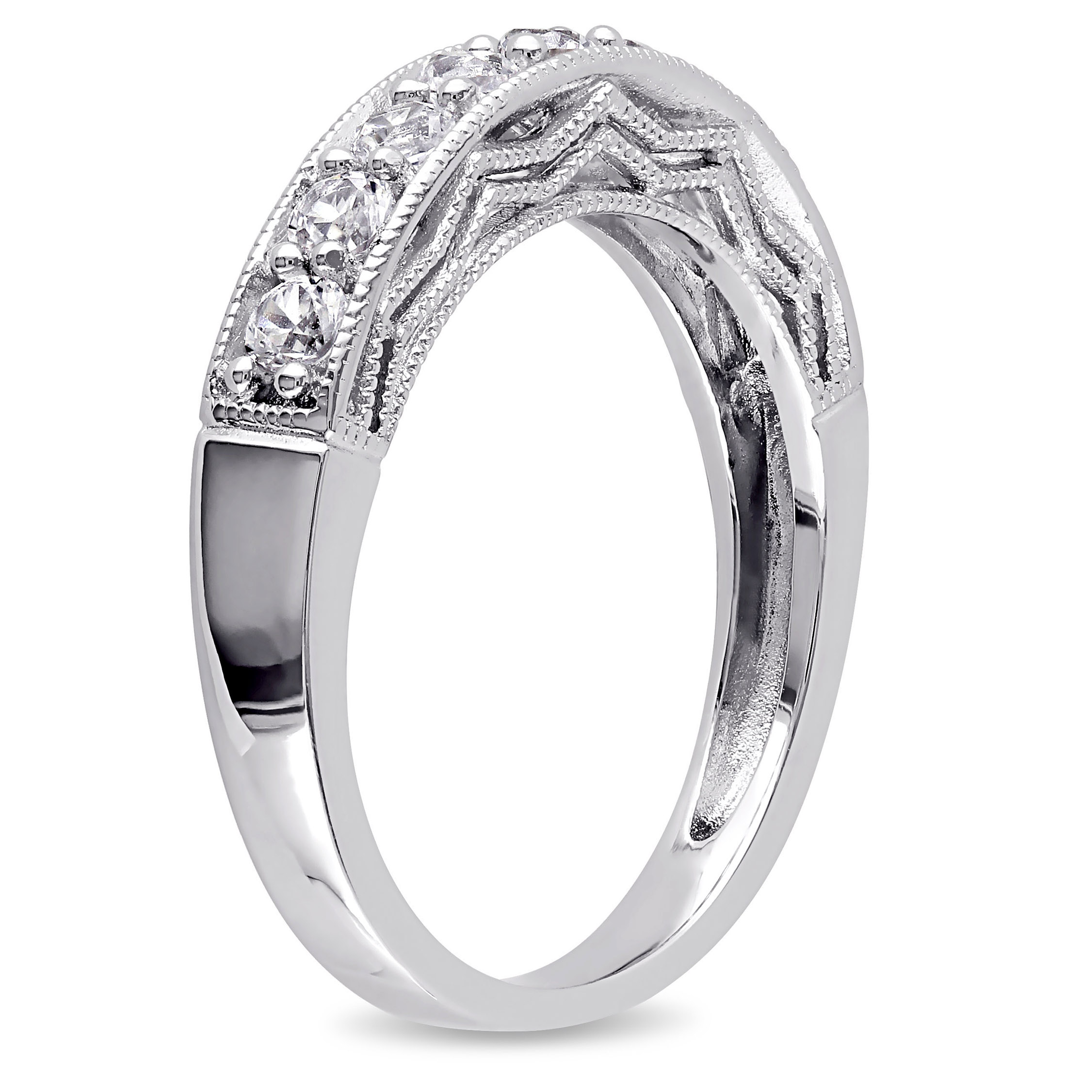 Everly Women's Anniversary Bridal 4/5 CT T.G.W. Round-Cut Created White Sapphire Sterling Silver Semi-Eternity Anniversary Ring with Pave Setting and Milgrain Detail - image 4 of 8