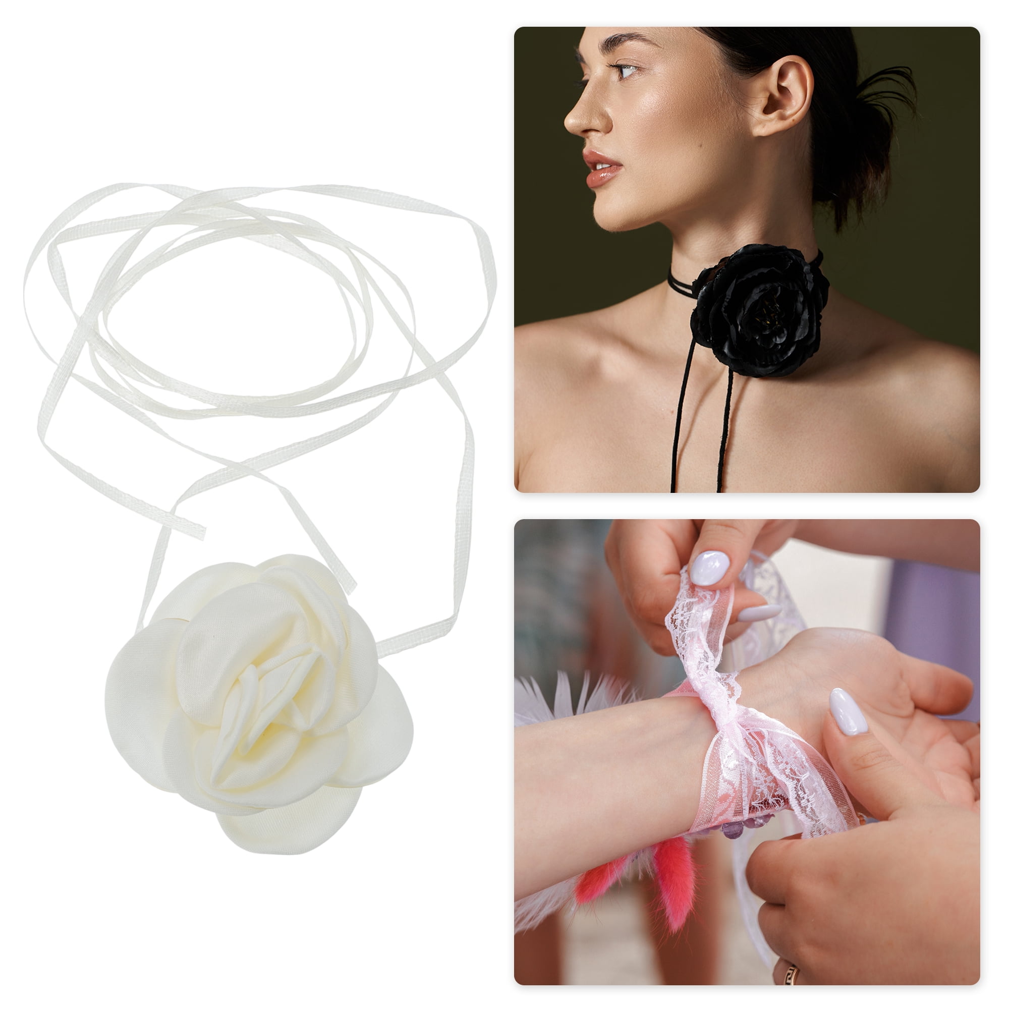 Unique Bargains Elegant Pearl Satin Rose Tie Choker Necklace 1 Pc Cream