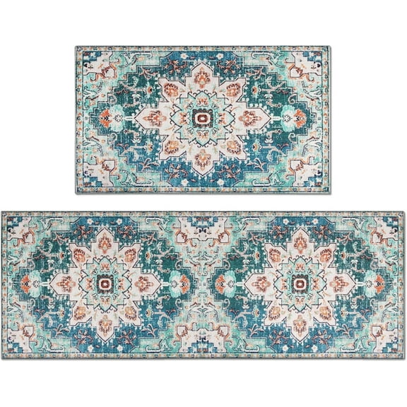 Boho Style Kitchen Rugs and Mats Set of 2, Country Rustic Farmhouse Kitchen Rugs, Non-Slip Washable Kitchen Mat for Front Sink Bohemian Farmhouse Kitchen Decor17x30 17x47Inch