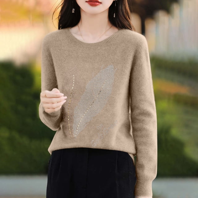 Suéter de cuello redondo para mujer, color liso, cuello redondo con diamantes de imitación como base, suéter de punto de manga larga y cuello redondo, blusa para mujer
