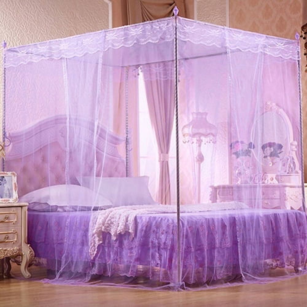 D-GROEE 4 Corners Post Canopy Bed Curtains Cozy Drape Canopy Bed Frames Netting for Twin Full Queen King Bed - Cute Princess Lace Bedroom Decoration