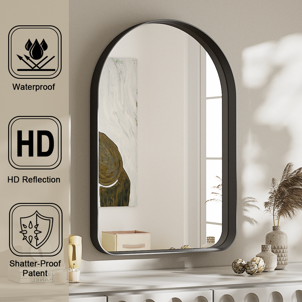 Gleamira 24"x36" Arch-Top Bathroom Mirror Deep Metal Frame Wall-Mounted Mirror , Black