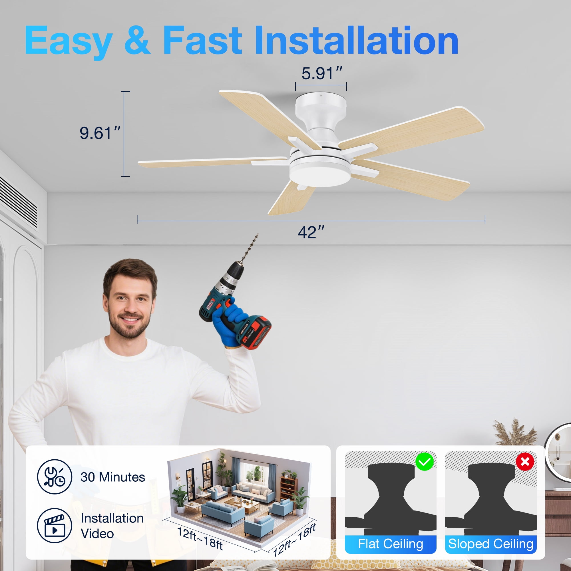 42” Smart Wood Flush Mount Ceiling Fans with Lights Remote,Quiet DC Motor,Outdoor Indoor Low Profile Ceiling Fan,Dimmable,6-speed,for Modern Bedroom Patio