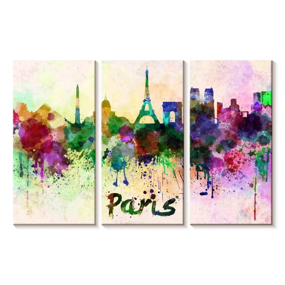Elephant Stock Paris Skyline Colors Wall Art - Horizontal Multi Panel Canvas - Living Room Wall Decor - City Multi Panel - Green And Purple Decor - 23" x 14"