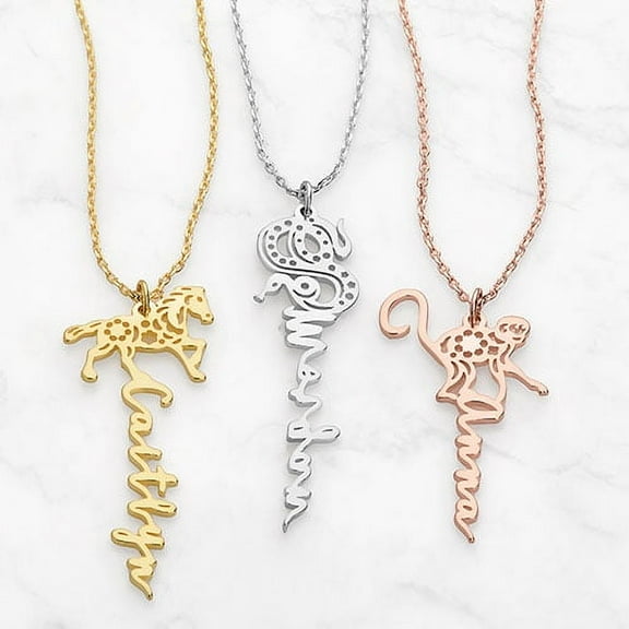 Personalized Planet Women's Personalized Vertical Script Name with Chinese Zodiac Sign Necklace