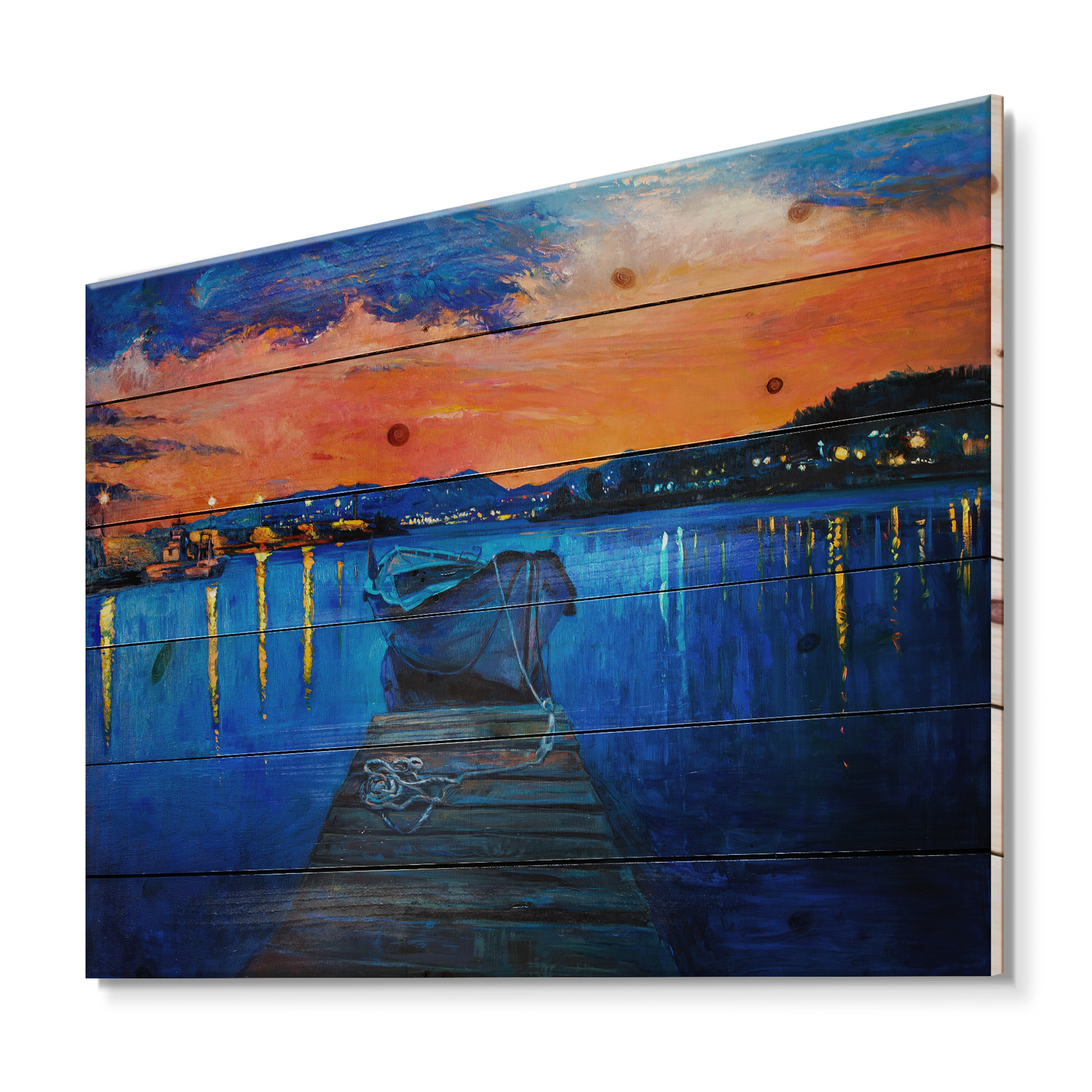 Designart 'Boats During Warm Sunset Resting On The Water III' Nautical & Coastal Print on Natural Pine Wood