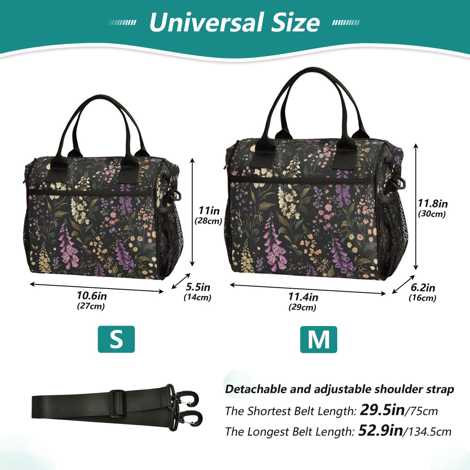 FORMRS Insulated Lunch Bag Unisex Large Capacity with Shoulder Strap, Purple Floral Pattern