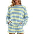 thumbnail image 2 of BRELIL Women's Two Piece Outfits Striped Lounge Set Long Sleeve Round Neck Pullover Top with Shorts Casual Loose Knit Tracksuit for Summer Vacation Travel, Light Blue M, 2 of 6