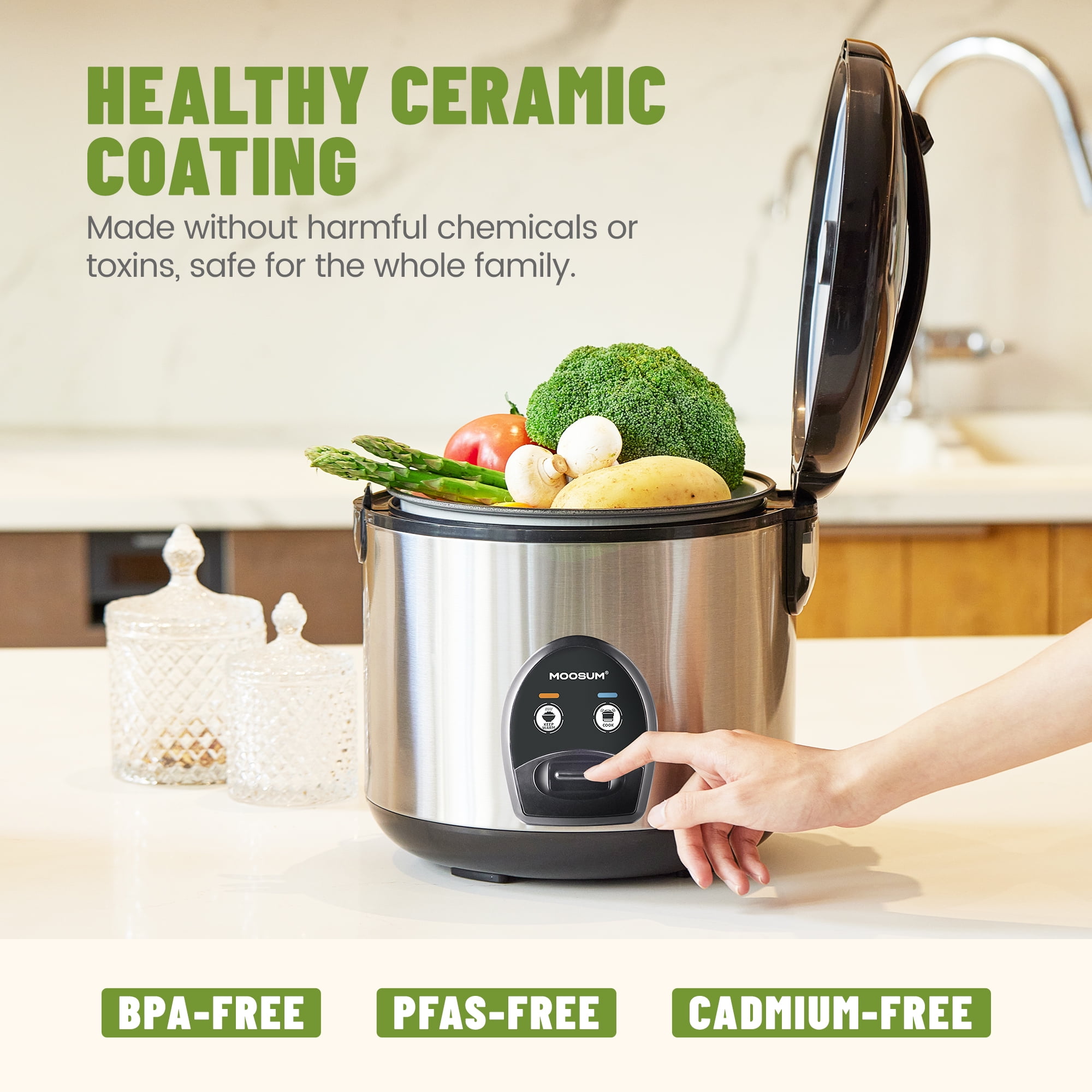 Moosum Rice Cooker Maker 10-Cup(Uncooked) with Steamer, Ceramic coating, BPA Free, Large capacity, Stainless Steel
