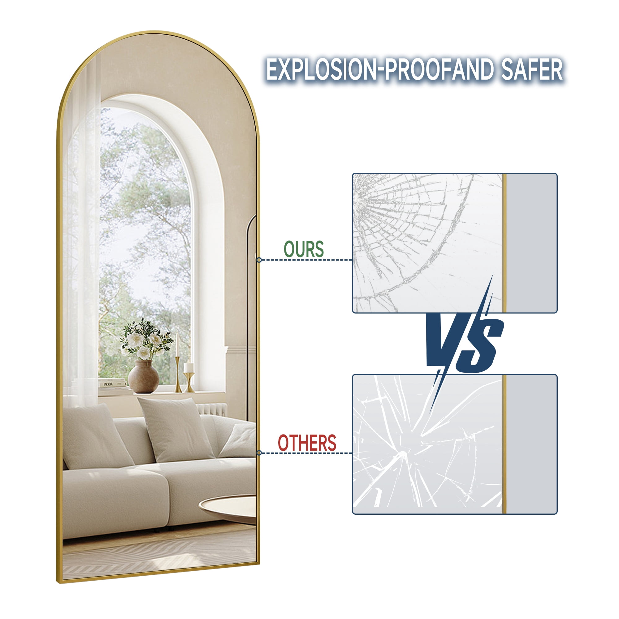 Anyrose 24"x65" Full Length Mirror with Arch-Top Standing Mirror Wall Mounted, Gold