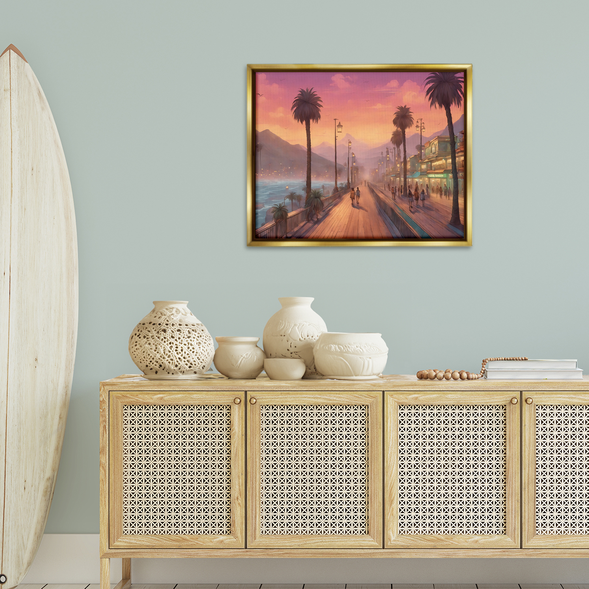 Stupell Industries Busy Tropical Boardwalk Landscape & Nature Painting Gold Floater Framed Canvas Art Print Wall Art, 31 x 25
