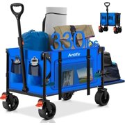 Collapsible Wagon with Tailgate,Foldable Cart with Wheels,330LBS Resting Large Capacity,2 Drink Holders & Side Pockets,Long Extender,for Groceries,Shopping,Camping,Beach,Garden,Blue