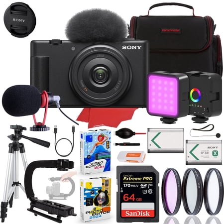 Sony ZV-1F Vlogging Camera (Black) Bundle + Accessory Kit w/ 64GB Extreme Memory, Microphone, LED Light, Stabilization Grip, Case, Filter Kit & Software (25 Items) (International Version)
