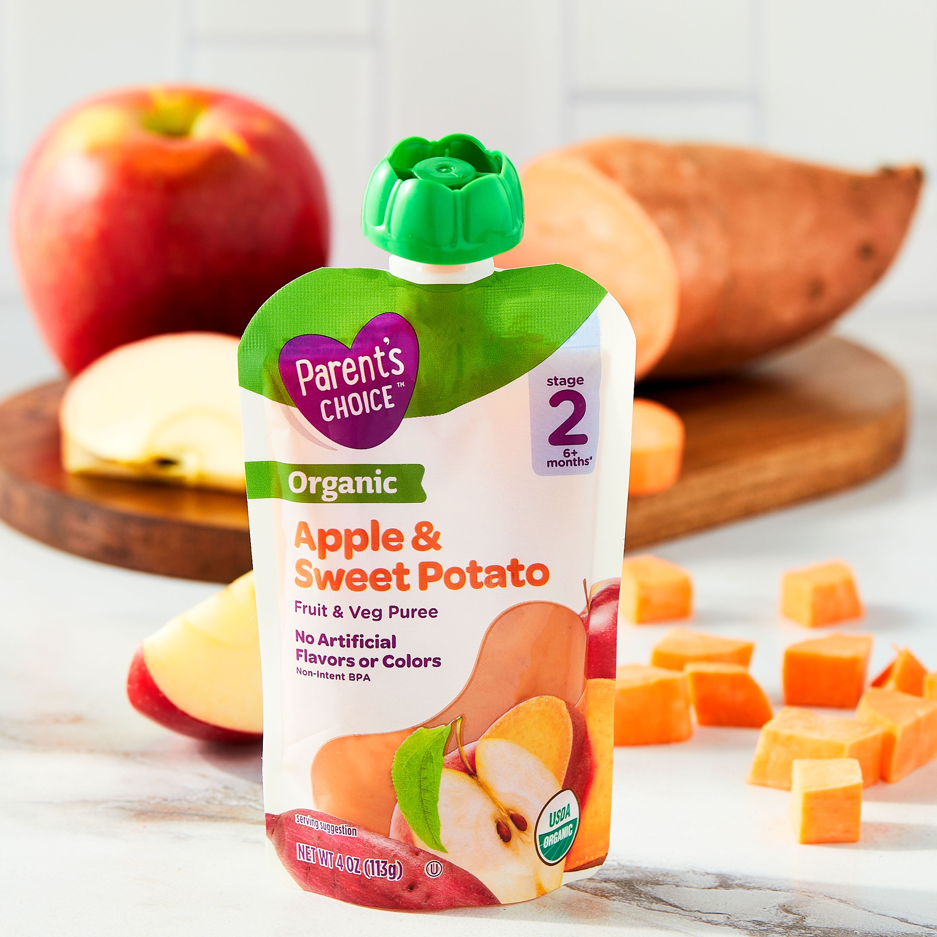 (6 pack) Parent's Choice Organic Stage 2 Baby Food Apple and Sweet Potato Puree, 4 oz Pouch