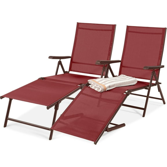 YYEAN Set of 2 Outdoor Patio Chaise Lounge Chair Adjustable Reclining Folding Pool Lounger for Poolside, Deck, Backyard w/Steel Frame, 250lb Weight Capacity-Red