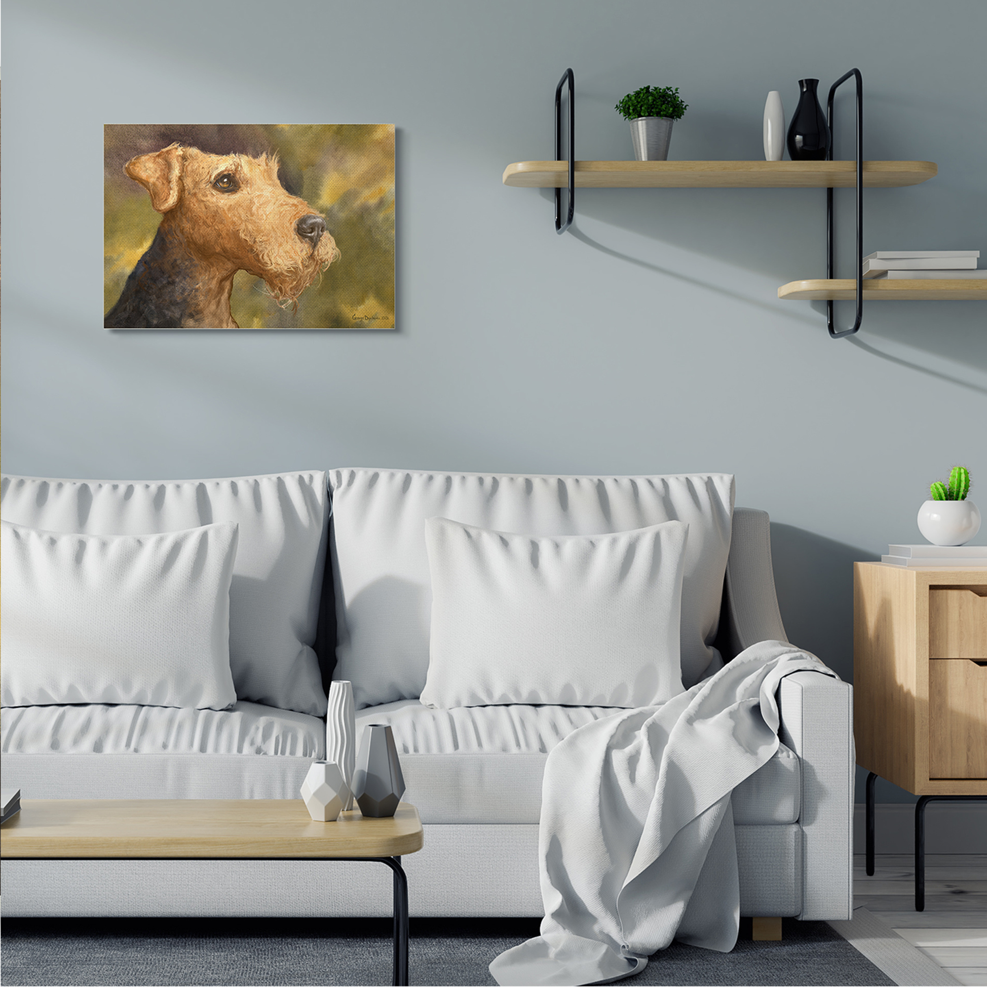 Stupell Industries Airedale Terrier Dog Watercolor Pet Portrait Green Brown Animals & Insects Painting Gallery Wrapped Canvas Art Print Wall Art, 24 x 30