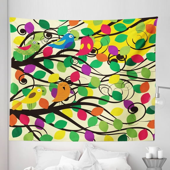 Birds Tapestry, Cheerful Happy Birds Singing on Lively Tree Branches with Colorful Spring Leaves, Fabric Wall Hanging Decor for Bedroom Living Room Dorm, 5 Sizes, Multicolor, by Ambesonne
