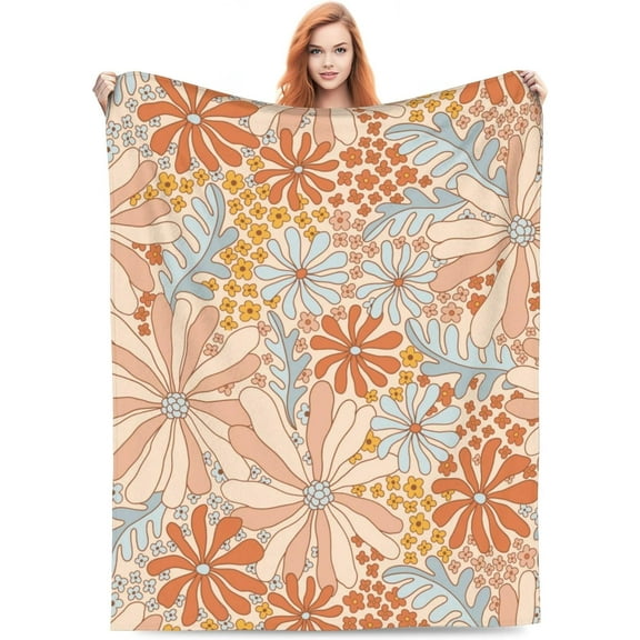 Retro Floral Hippie Summer Groovy Flower Blanket Boho Summer Valentine Day Mom Gifts for Girls Women Soft Flannel Throw Blanket for Bed Home Sofa Decor 60"X50"
