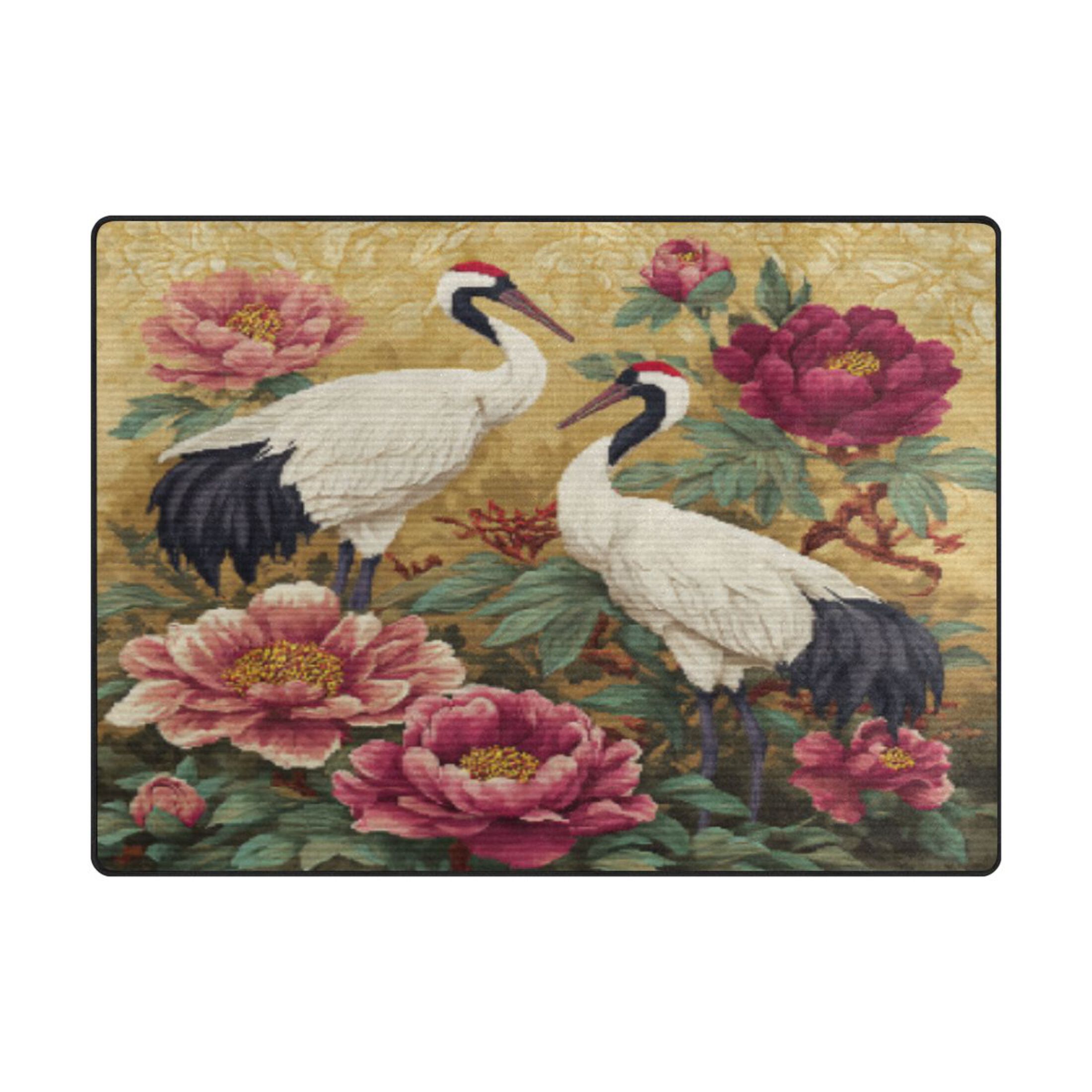 BZSMCE Vintage Area Rugs Elegant Cranes Amid Peony Splendor Creative Area For Home