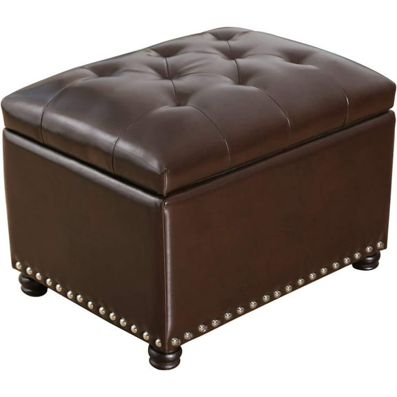 Adeco Bonded Leather Square Tufted Storage Footstool, 18" ottoman, Dark Brown