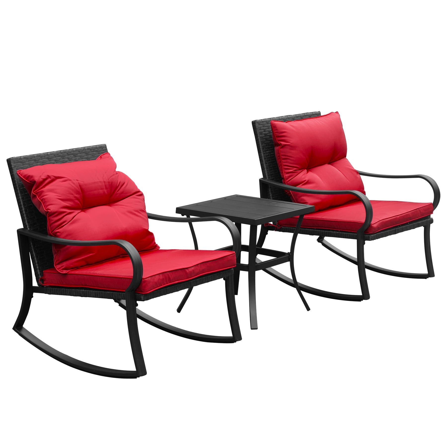 Leumius 3-Piece Outdoor Rocking Chair Set,Wicker Rocking Bistro Patio Set with Cushions & Table for Backyard, Porch, Balcony, Poolside,Red