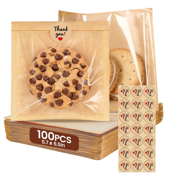 Sadocom 100 Pack Cookie Bags 5.7 x 6.5 inch, Window Paper Bags with Thank You Stickers, Bulk, Oil-Proof Leak-Proof Kraft Paper Baking Bags for Gifting, Donuts, Snacks, Brownies Muffins