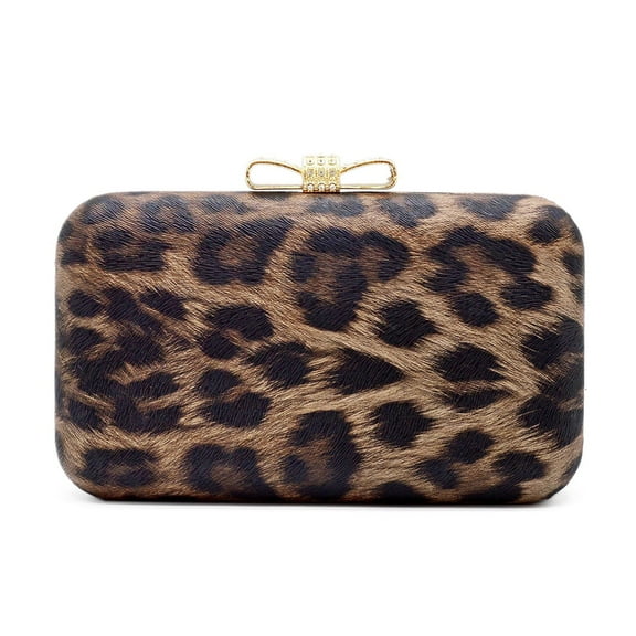 Elegant Leopard PU Leather Crystal Bow Top Hard Clutch