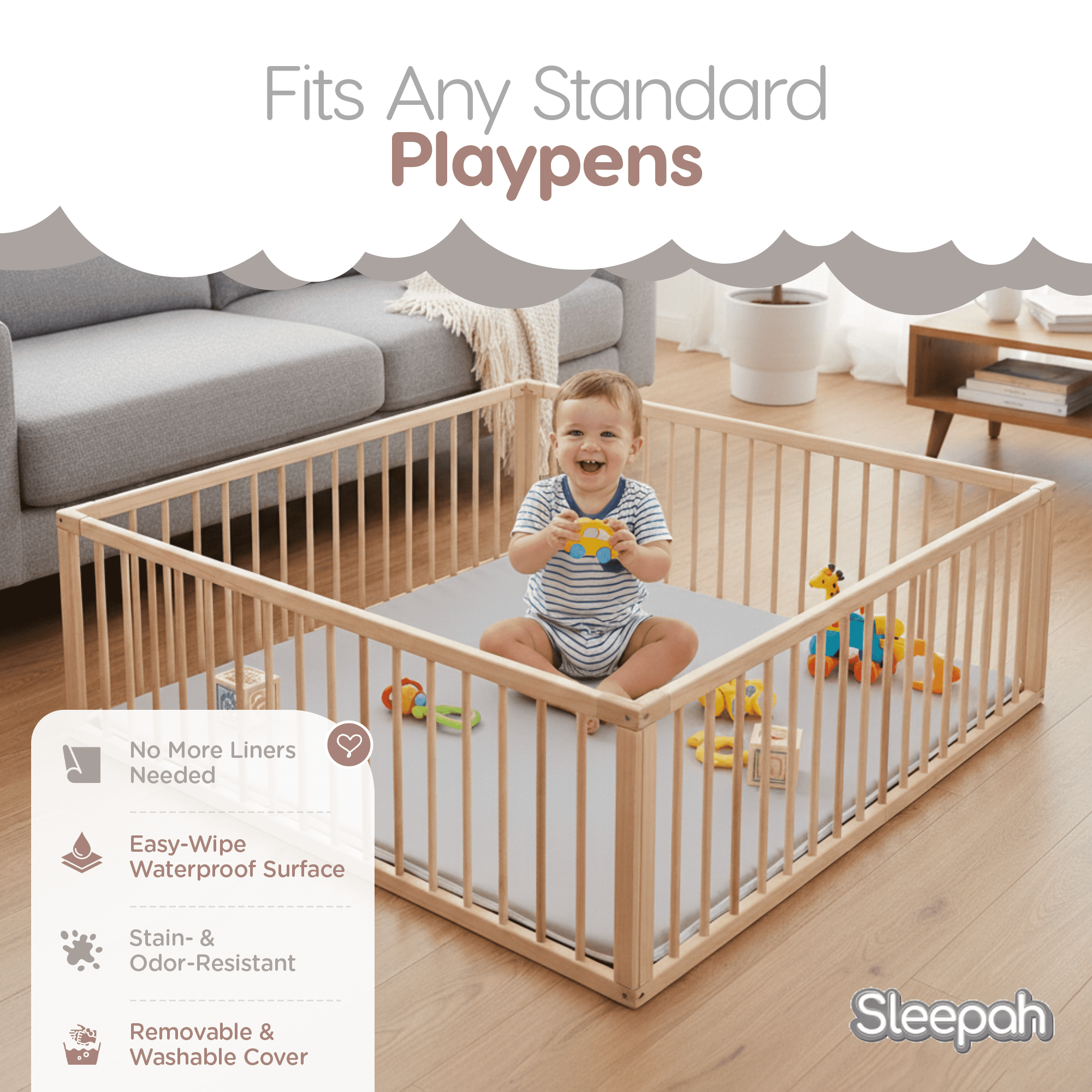 Sleepah Baby Play Mat for Floor 50" x 50" – Waterproof Vegan Leather Tummy Time Mat – Easy to Clean with Removable Cover – Foam Support with Non-Slip Bottom for Infant, Kids & Toddler Crawling