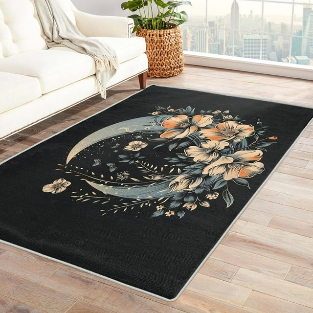 Floral Rugs for Living Room - Washable Rugs Floral Rug & Home Decor, 2x3 Area Rug, Botanical Flower Rugs for Entryway, Non Slip Low Pile Small Indoor Door Mat, Girls Black Carpet & Room Decorations
