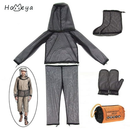 Lightweight Anti-Mosquito Suit,homeya [4 Parts] Bug Jacket Mosquito Suit with Hood Pants Mitts Socks Ultra-fine Mesh Net Repellent Clothing for Insect Midges Bee Hunting Hiking Camping Size