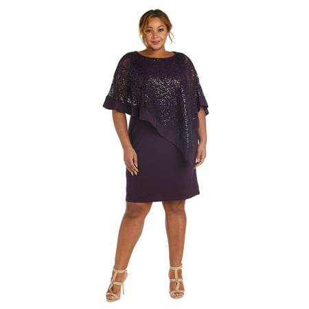 Knee-Length Dress and Sequined Poncho Set - Plus
