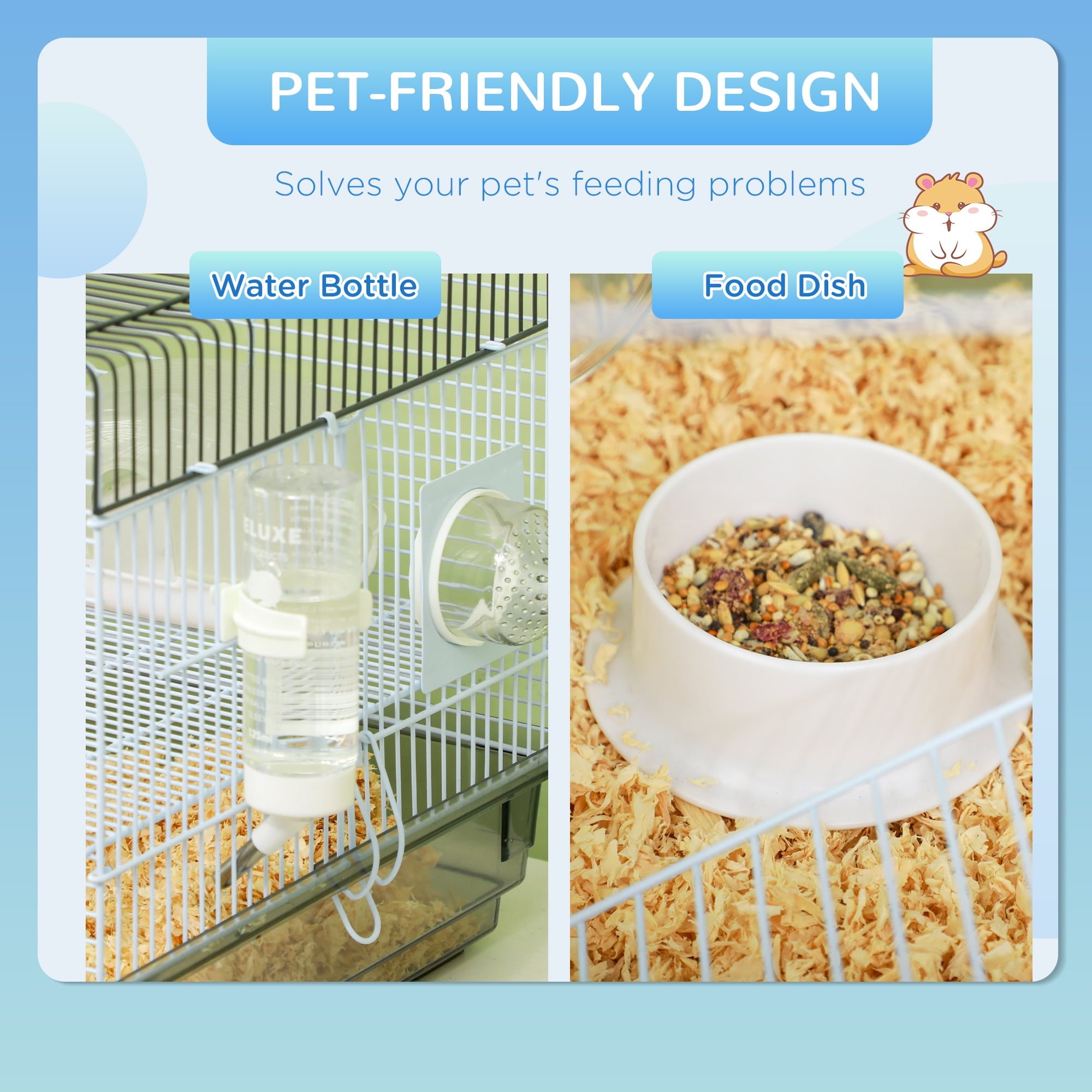 PawHut 2 Levels Hamster Cage for Gerbil or Dwarf Hamster with Tube Tunnels, Exercise Wheel, Food Dish, Water Bottle, Ramp, 23" x 13" x 12", Gray