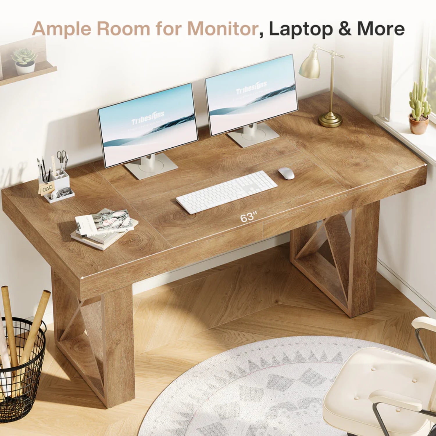 Demi Bonn 62" Large Wooden Computer Desk, Office Writing Table, Spacious Workstation for Home Office, Brown