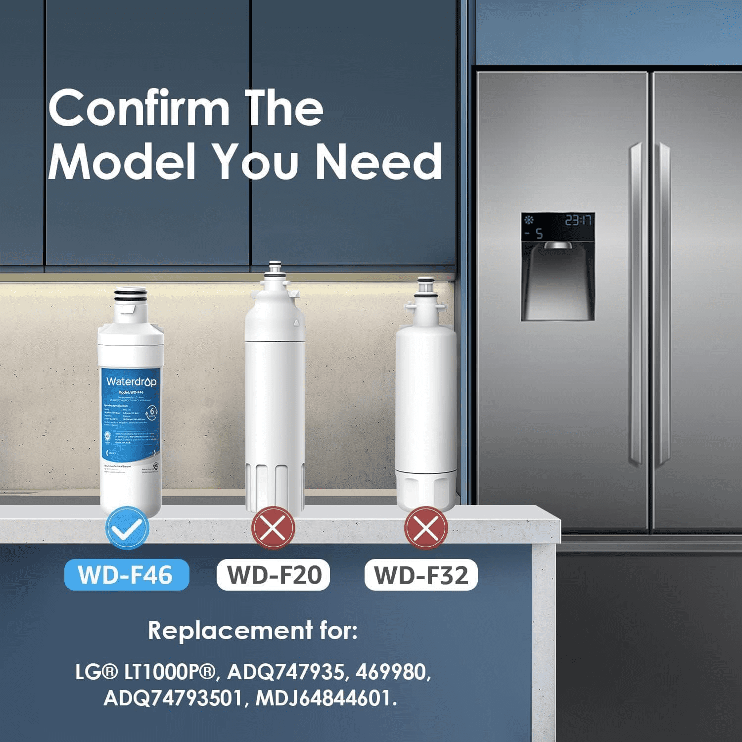 Waterdrop LT1000PC ADQ747935 Refrigerator Water Filter and Air Filter, Replacement for LG® LT1000P®, LMXS28626S, LFXS26973S, LFXS26596S, LFXS28596S, ADQ74793501, ADQ74793502 and LT120F®, 6 Combo