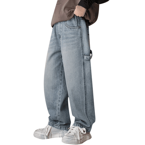 KAUOD Boys Baggy Straight Jeans Elastic Waist Washed Retro Denim Pants Kids Wide Leg Loose Streetwear Jeans Trousers