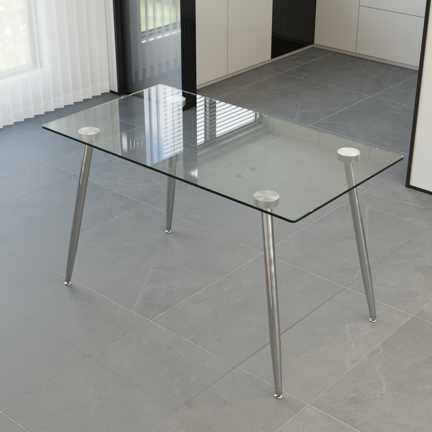 51" Glass Dining Table Set for 4, Silver Plating Legs with PU Armless Chairs, Modern Rectangle Tempered Glass Top​