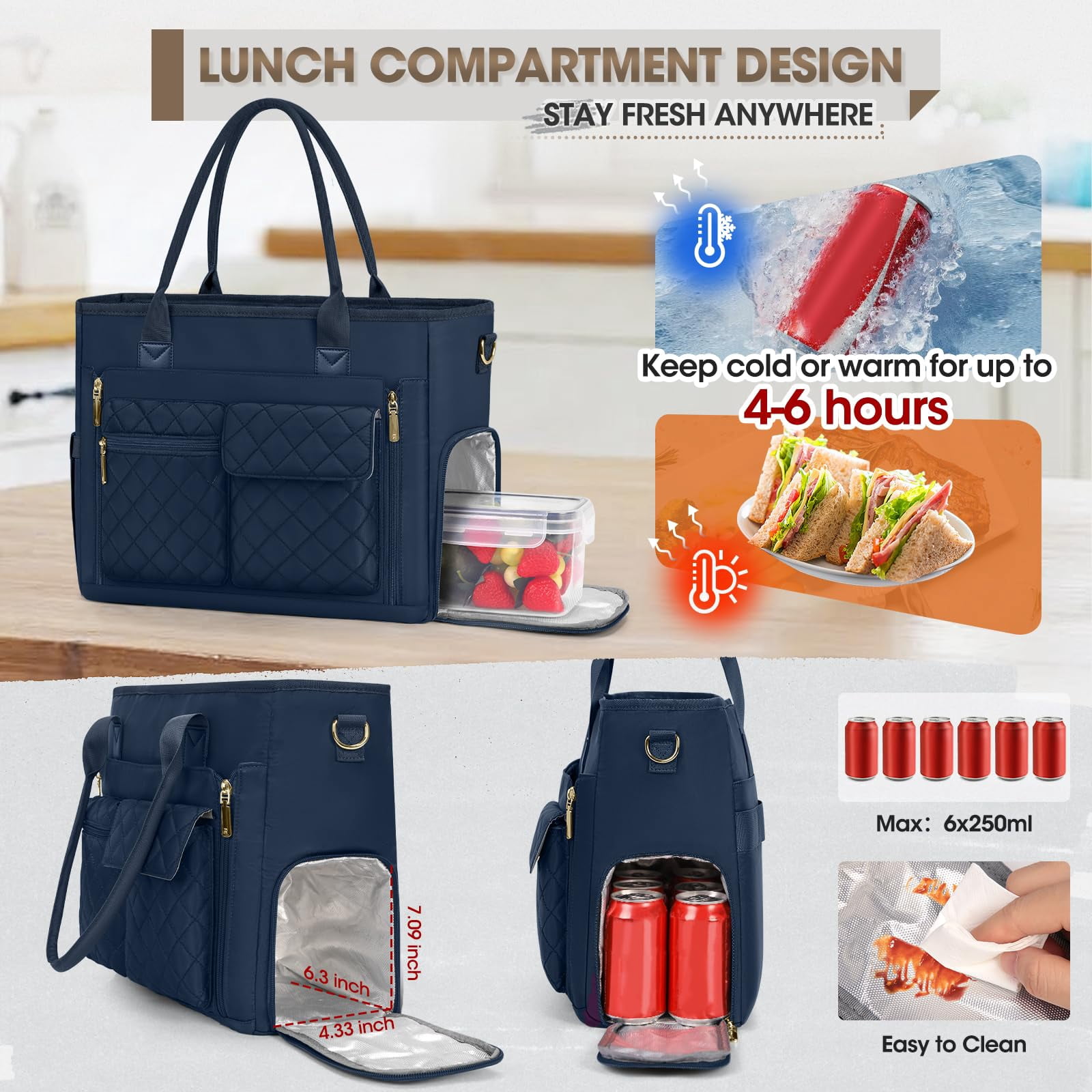 Teacher Tote Bag With Insulated Lunch Compartment 15.6 Inch Laptop For Women Lightweight Work Bags Nurse